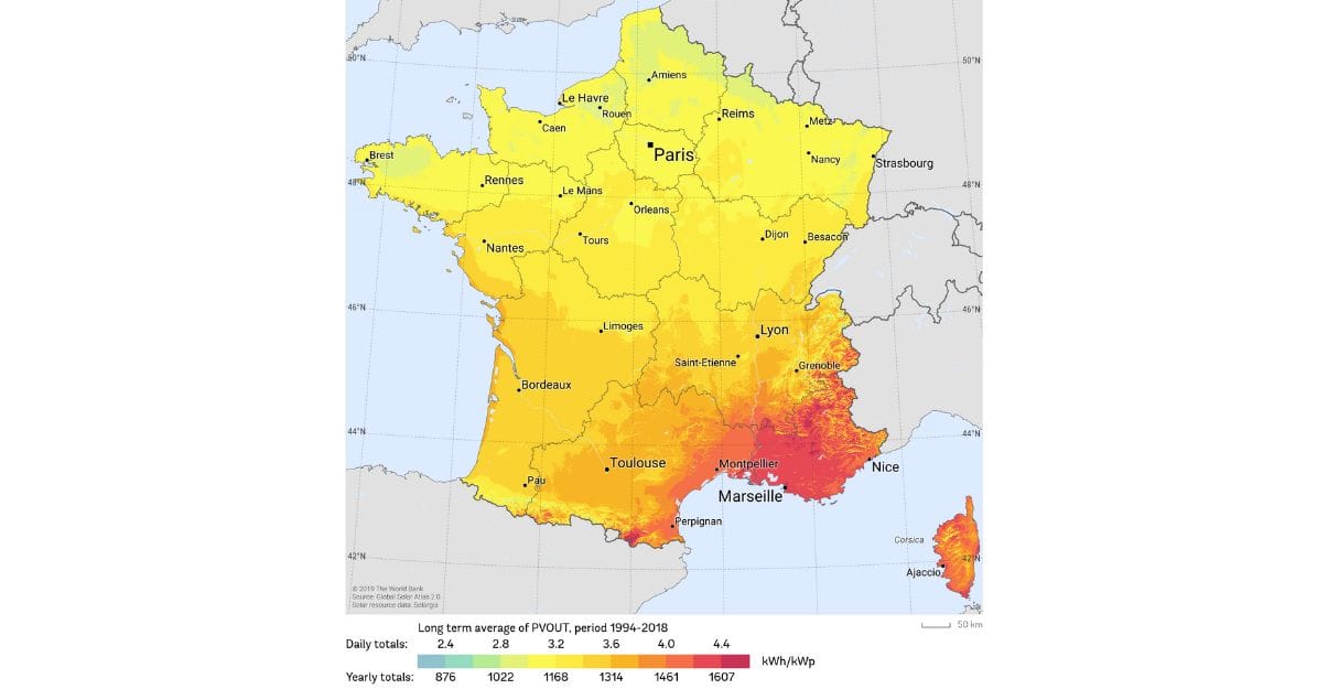 Carte du potentiel solaire en France selon les régions