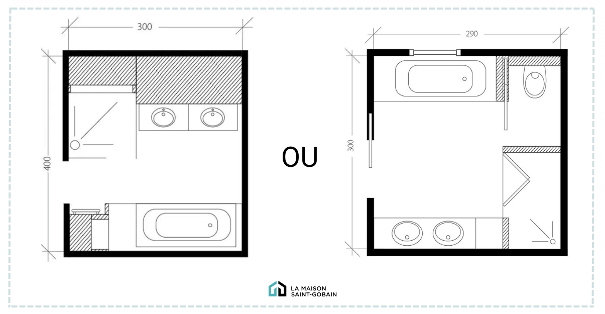 Plan de grande salle de bain avec baignoire et douche