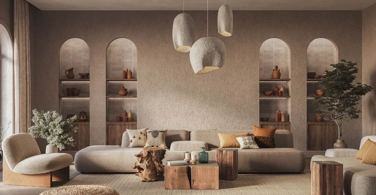 Style wabi-sabi dans le salon-séjour