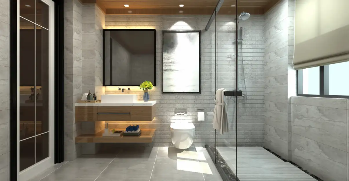 salle de bain grise et bois