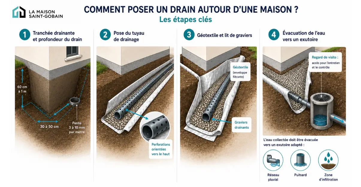 Les étapes clés pour poser un drain périphérique autour d’une maison