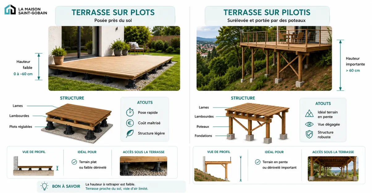 Terrasse sur plot et terrasse sur pilotis