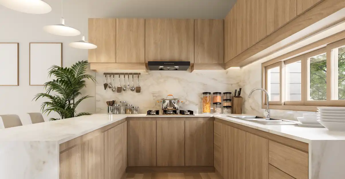 Cuisine en U en blanc et bois