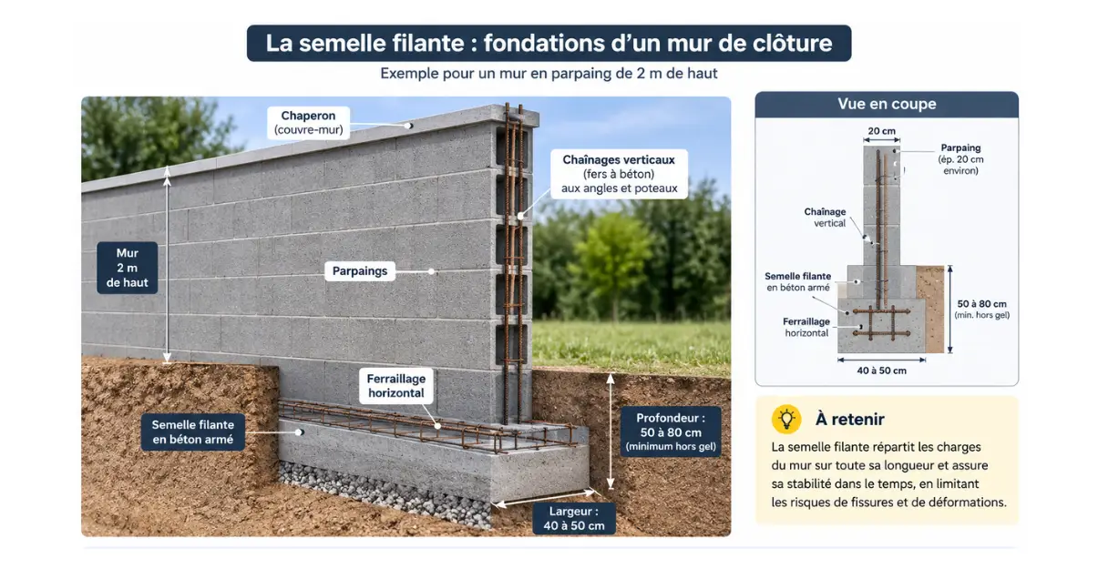 Schéma d'une semelle filante en fondation d'un mur de clôture
